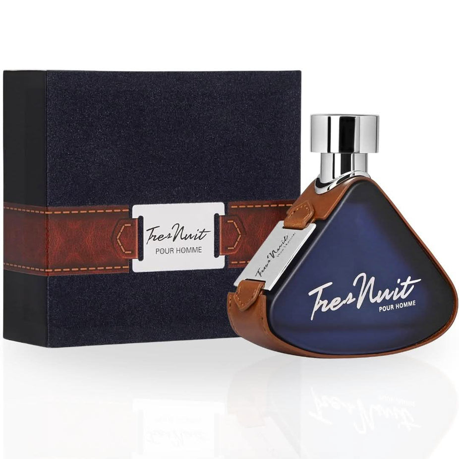 Armaf Tres Nuit Pour Homme Eau de Parfum spray 100ml, sleek bottle with black and silver design, showcasing the fragrance inside.