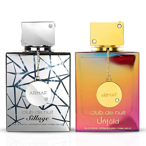 Armaf Club De Nuit Sillage and Untold Eau de Parfum bundle, 105ml sprays, shows elegant bottles with sleek designs.