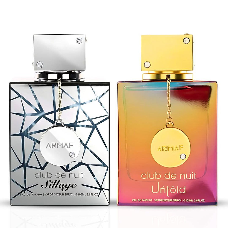 Armaf Club De Nuit Sillage and Untold Eau de Parfum bundle, 105ml sprays, shows elegant bottles with sleek designs.