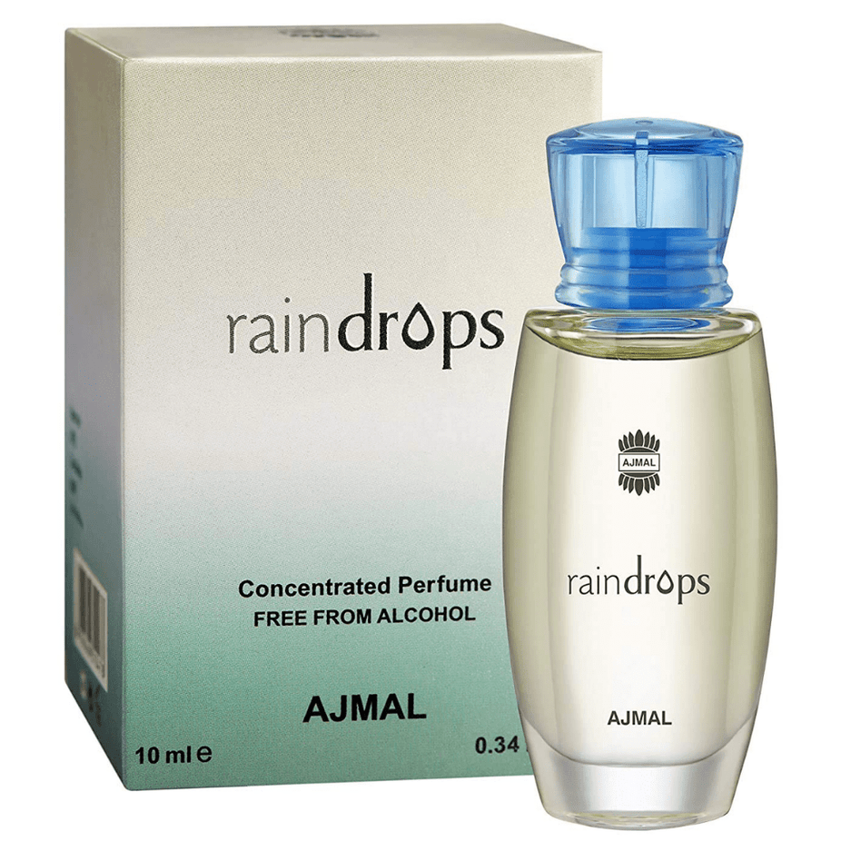 Ajmal Raindrops Perfume Oil 10ml CPO bottle with elegant packaging, showcasing the concentrated perfume oil for long-lasting fragrance.
