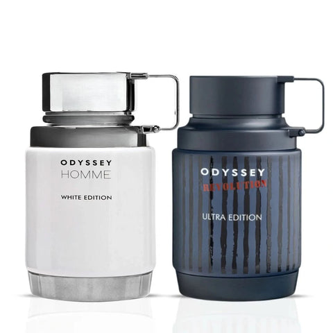Odyssey Homme White and Odyssey Revolution Ultra Eau de Parfum sprays in 100ml bundle by Armaf, featuring sleek bottle designs.