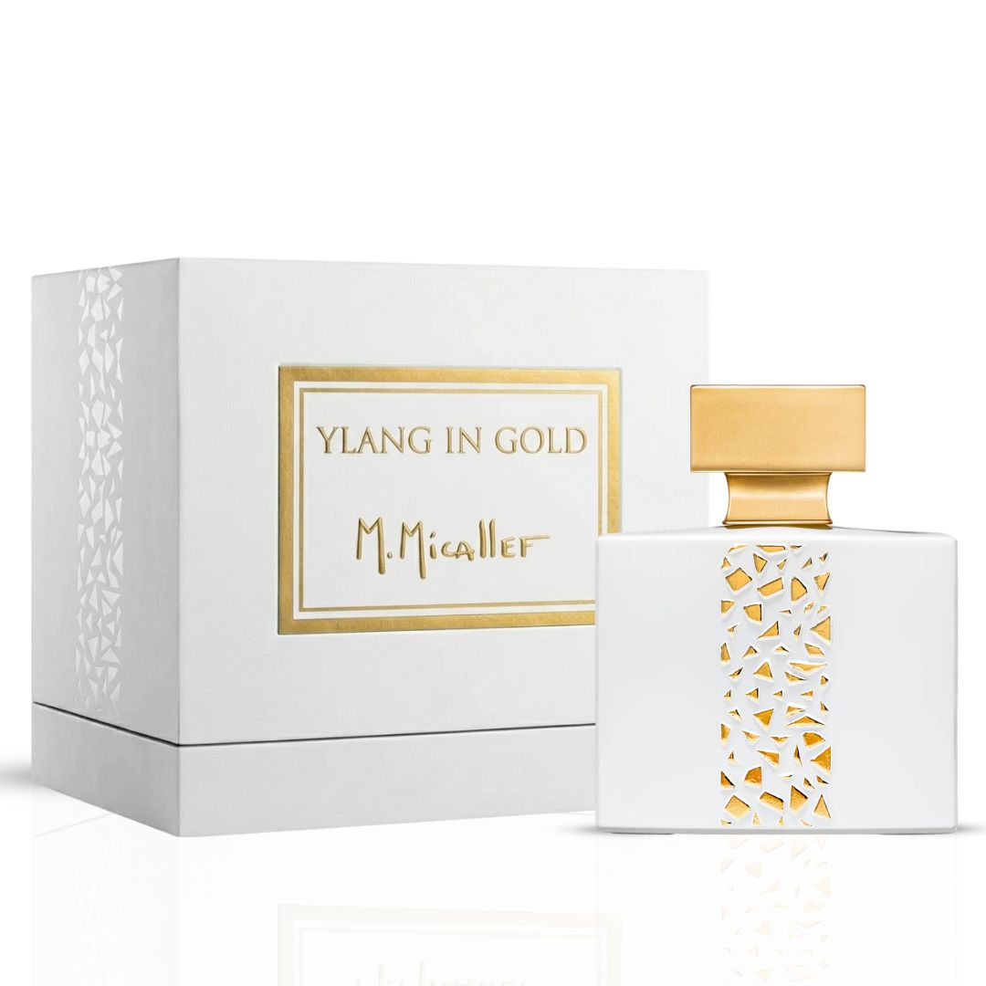 Ylang in Gold Eau de Parfum spray by M. Micallef, 100ml bottle with elegant gold packaging and floral fragrance design.