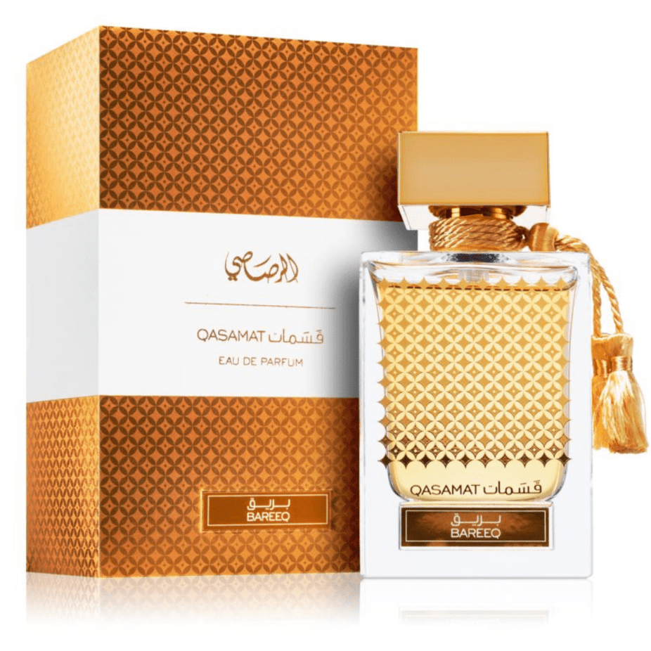 Qasamat Bareeq EDP by Rasasi, 65ml Eau De Parfum bottle with elegant design and transparent glass showing the perfume inside.