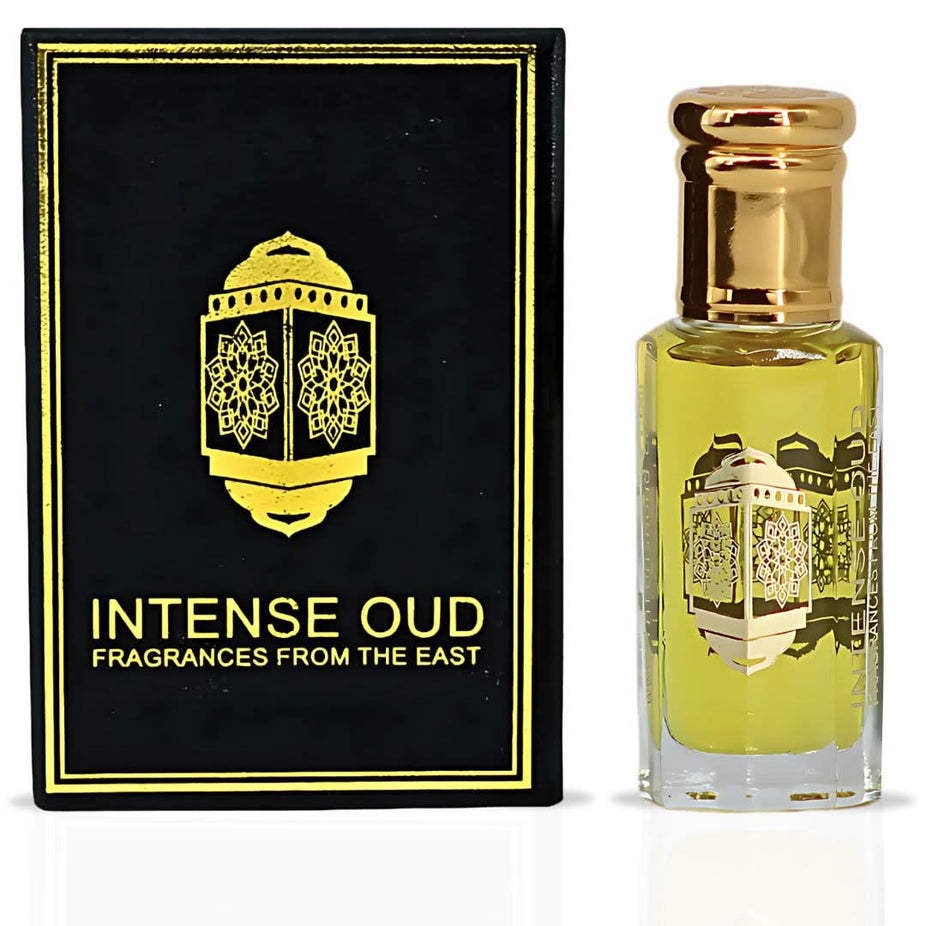 Intense Oud Bloom perfume oil 12ml in a sleek black gift box, featuring a luxurious loose oil bottle with elegant branding.