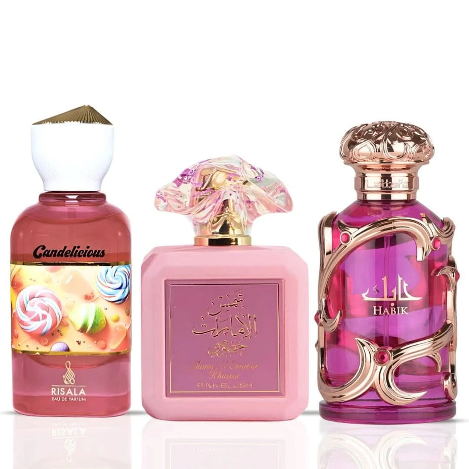 Bundle of Lattafa Eau de Parfum sprays including Pink Blush by Ard Al Zaafaran, Habik Women by Lattafa, and Candelicious by Risala, 100ml.