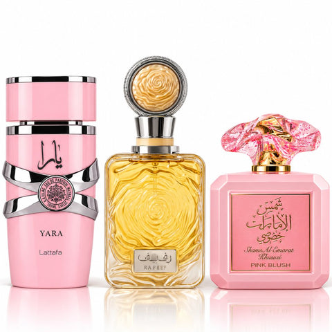 Yara by Lattafa & Pink Blush & Rafeef by Ard Al Zaafaran Eau de Parfum Sprays 100ml (3.4 oz) (Bundle)