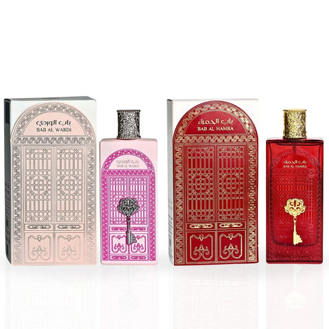 Bundle of Ard Al Zaafaran Bab Al Wardi and Bab Al Hamra Eau de Parfum sprays, 100ml bottles, featuring elegant fragrance bottles.