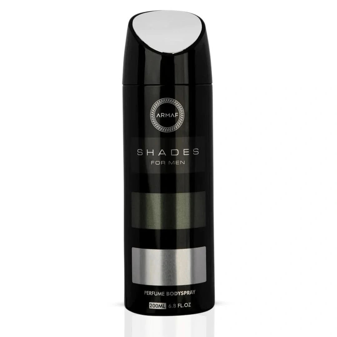 Shades Deodorant Spray by Armaf, 200ml bottle with spray nozzle, sleek packaging for men’s deodorant freshness.