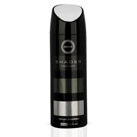 Shades Deodorant Spray by Armaf, 200ml bottle with spray nozzle, sleek packaging for men’s deodorant freshness.