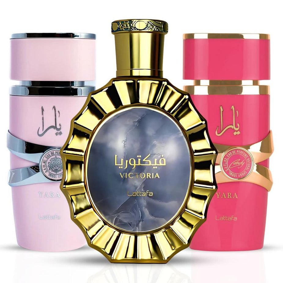 Lattafa Yara Candy & Victoria Eau de Parfum sprays 100ml bundle, featuring two elegant perfume bottles with decorative caps.