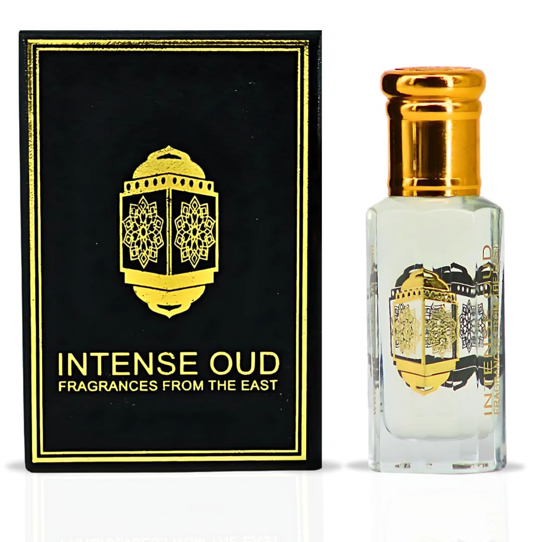 Intense Oud Bareez Perfume Oil 12ml in a black gift box, showcasing the clear glass bottle with a black cap.