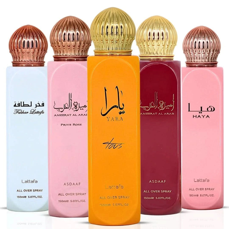 Lattafa Ameerat Al Arab Prive Rose & Fakhar women all-over spray bundle, 150ml, featuring floral and oriental fragrance bottles.