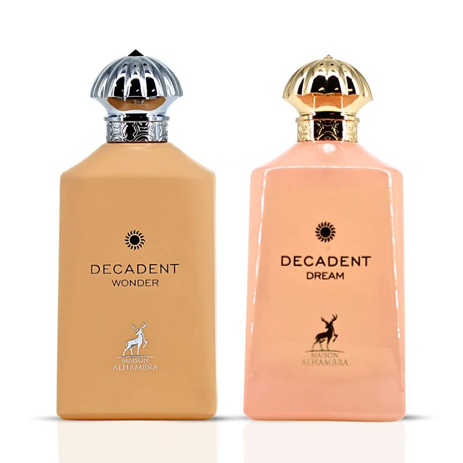 Maison Alhambra Decadent Dream and Wonder Eau de Parfum bundle with two 100ml spray bottles, elegant packaging and floral accents
