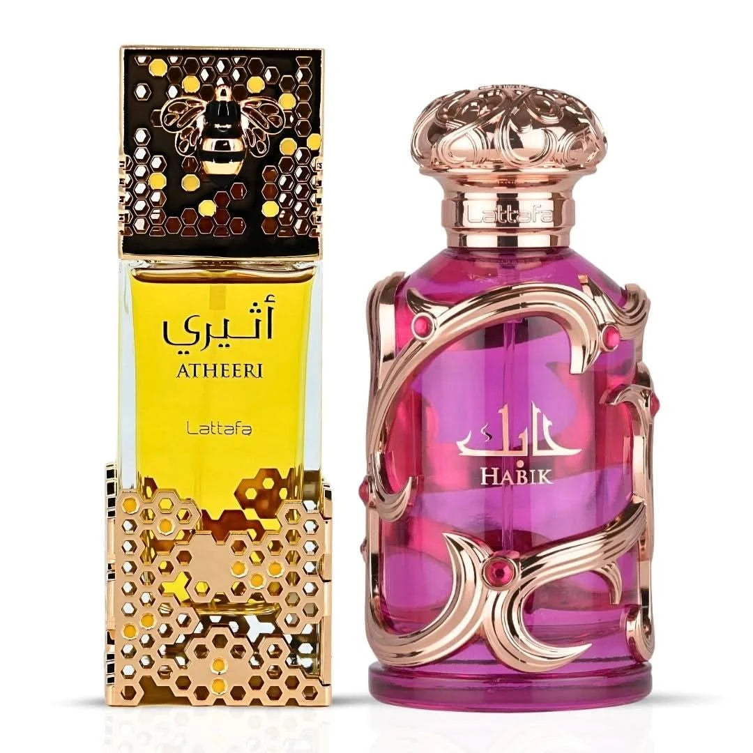 Lattafa Atheeri & Habik women's Eau de Parfum sprays in 100ml bottles, featuring elegant packaging and floral fragrance details.
