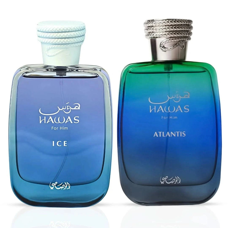Rasasi Hawas Ice and Hawas Atlantis Eau de Parfum sprays in a 100ml bundle, featuring sleek bottles and vibrant fragrance labels.