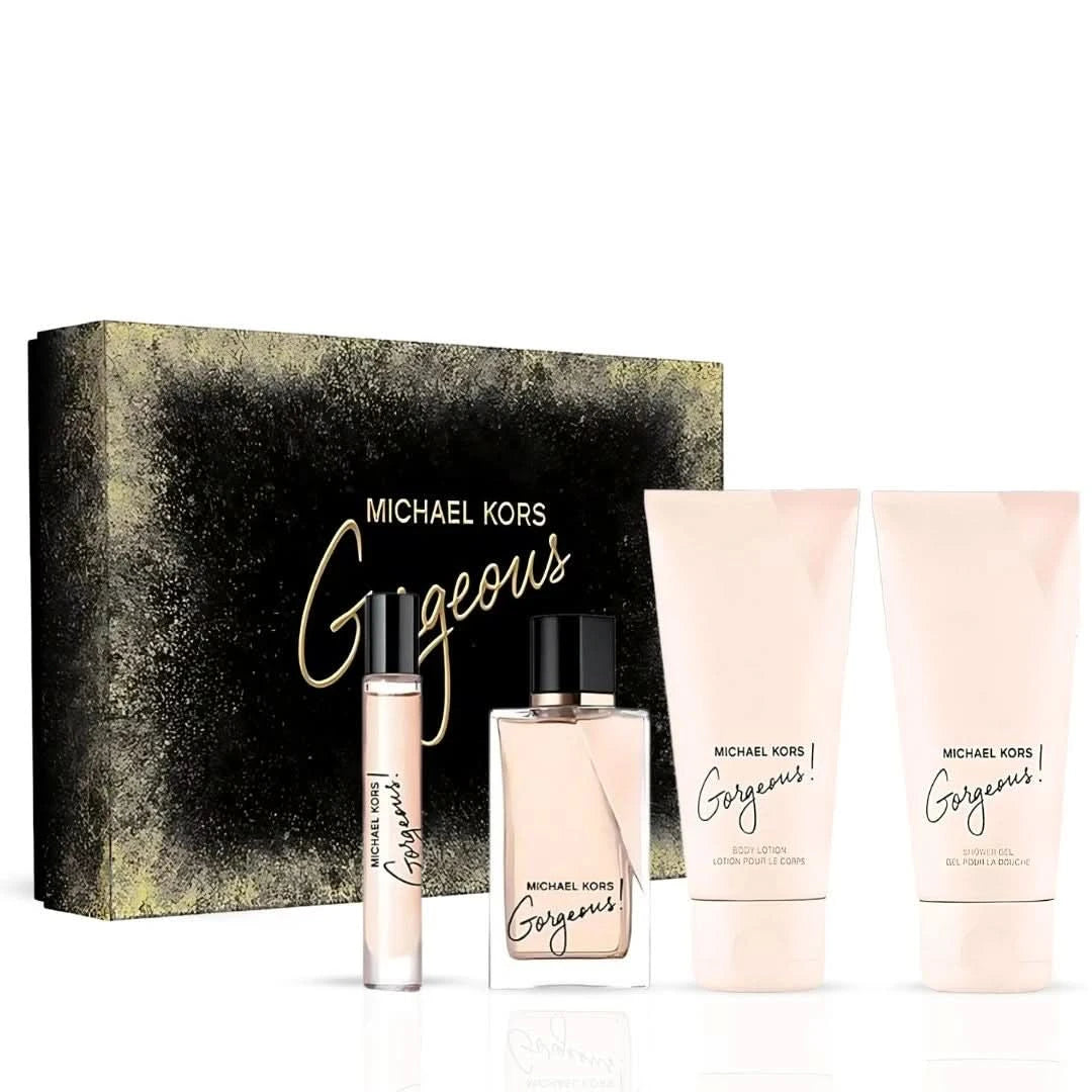 Michael Kors 4-piece gift set with 3.4oz EDP spray, body lotion, shower gel, and 10ml EDP spray, featuring elegant packaging.