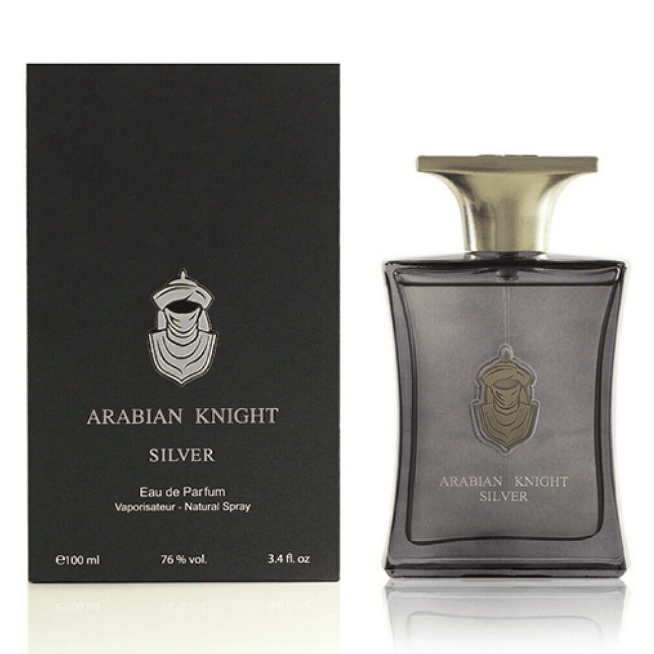 Arabian Oud Arabian Knight Silver Eau De Parfum 100ML bottle with sleek silver design and elegant branding.