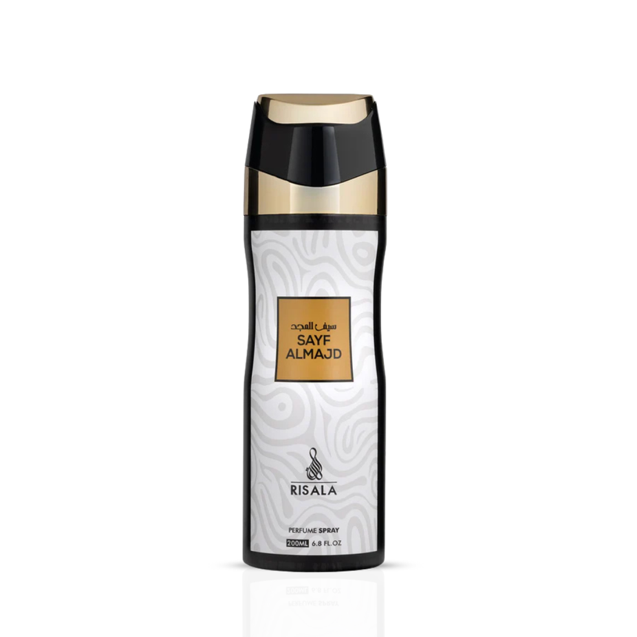 Risala Sayf Almajd perfumed body spray 200ml deodorant bottle with a sleek design and floral accents.
