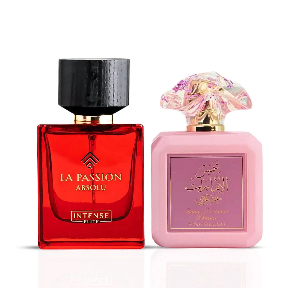 Bundle of Intense Oud La Passion Absolu and Pink Blush Shams Al Emarat 100ml Eau de Parfum sprays, featuring floral and oriental fragrances.