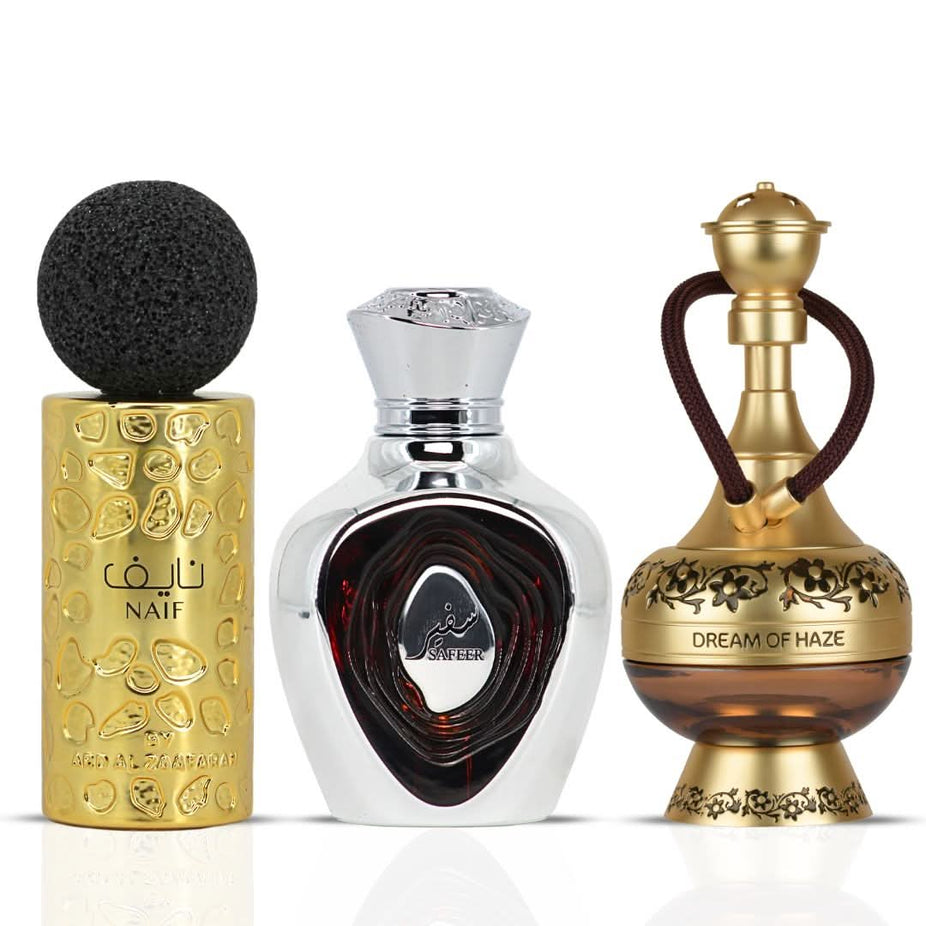 Bundle of three 100ml Lattafa Eau De Parfum sprays including Naif by Ard Al Zaafaran, Niche Emarati Safeer, and Dream of Haze.