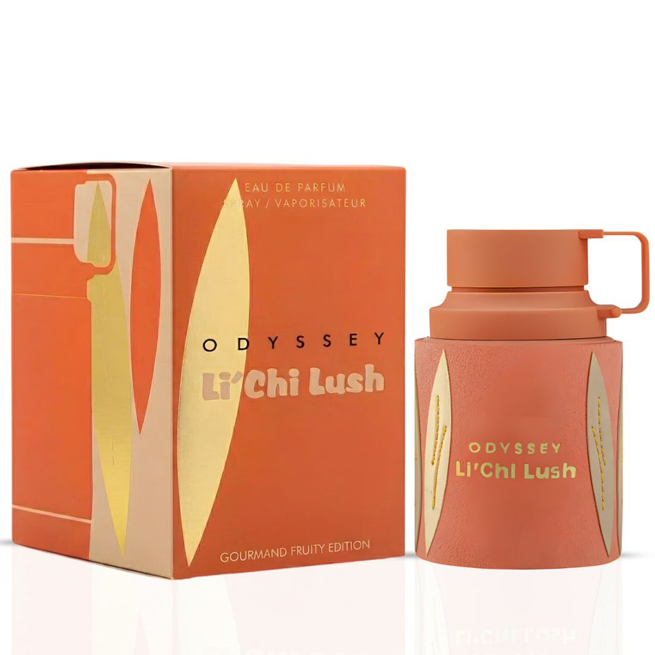 Odyssey Li'chi Lush Eau de Parfum spray by Armaf, 100ml bottle with elegant design and floral fragrance details.