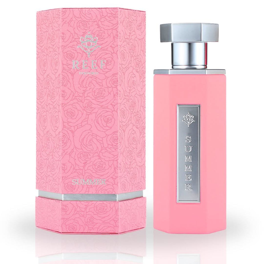Summer Pink EDP by Reef Perfumes, 100ML Eau de Parfum bottle with a pink floral design, showcasing a luxurious fragrance.