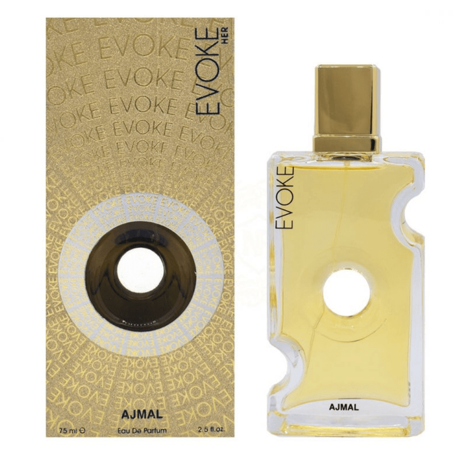 Evoke for Women Ajmal Eau De Parfum 75ml bottle with elegant packaging and floral design, showcasing the perfume’s luxurious presentation.