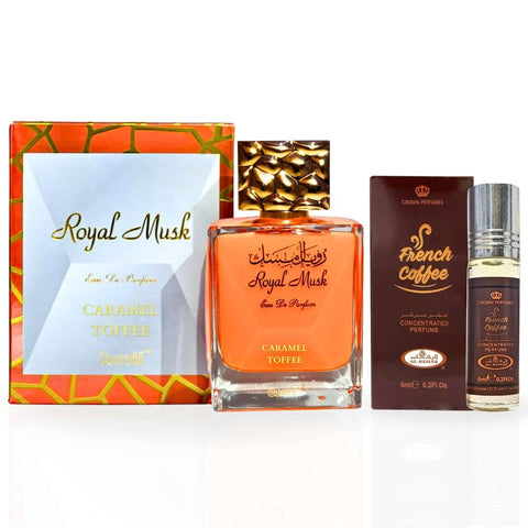 Royal Musk Caramel Toffee Eau de Parfum spray and French Coffee Perfume Oil bundle by Intense Oud, featuring luxurious fragrance bottles.
