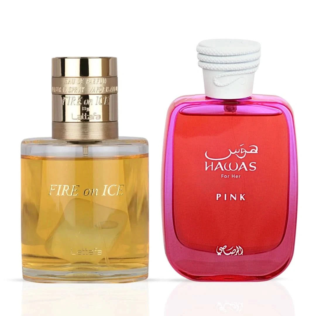 Bundle of Lattafa Fire On Ice 110ml and Rasasi Hawas Pink for Her 100ml Eau de Parfum sprays, with elegant bottle designs.