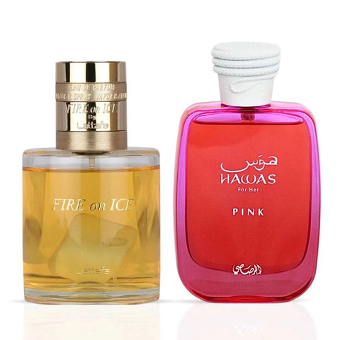 Bundle of Lattafa Fire On Ice 110ml and Rasasi Hawas Pink for Her 100ml Eau de Parfum sprays, with elegant bottle designs.