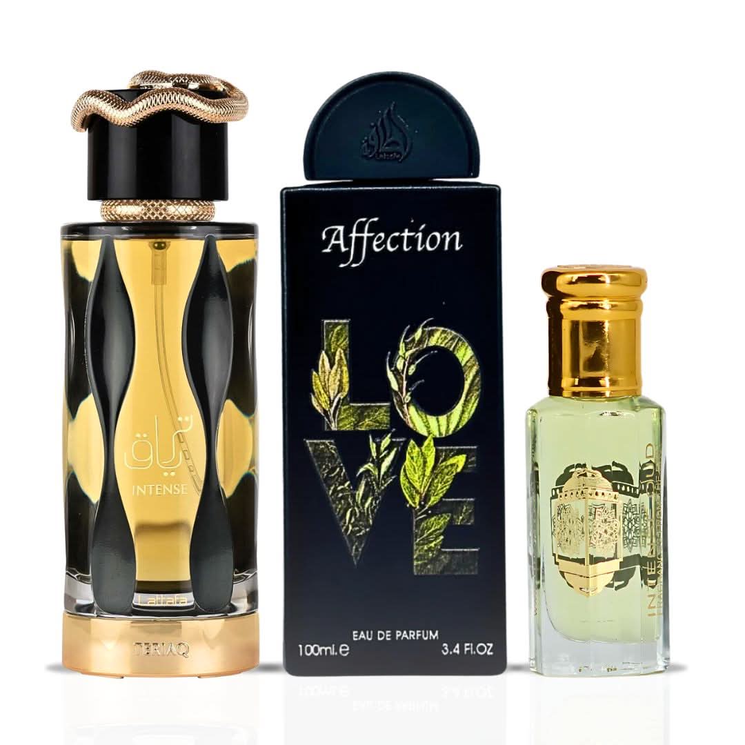 Lattafa Teriaq Intense & Affection Eau de Parfum 100ml bottles with Lady Mile perfume oil 12ml by Intense Oud in a bundle.