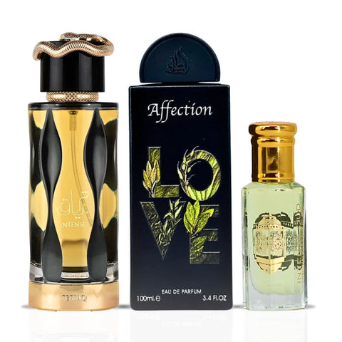 Lattafa Teriaq Intense & Affection Eau de Parfum 100ml bottles with Lady Mile perfume oil 12ml by Intense Oud in a bundle.