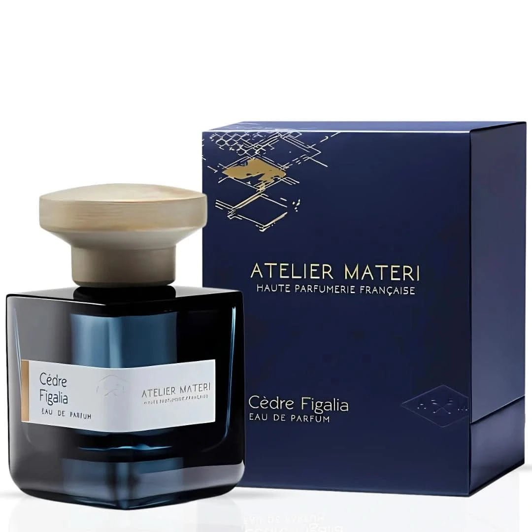 Atelier Materi Cèdre Figalia Eau de Parfum spray 100ml, elegant bottle with amber-colored perfume, showcasing a luxurious fragrance.