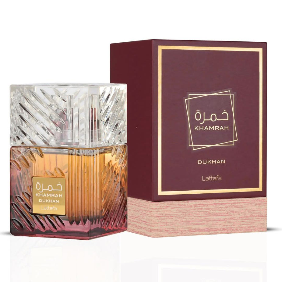 Lattafa Khamrah Dukhan Eau de Parfum spray bottle, 100ml, with elegant packaging and fragrance notes visible.