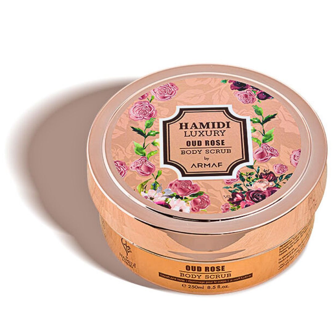 LUXURY OUD ROSE BODY SCRUB 250ML (8.4 OZ) By Hamidi | Gently Exfoliates For Soft & Smooth Skin, Naturally Derived Ingredients. - Intense Oud