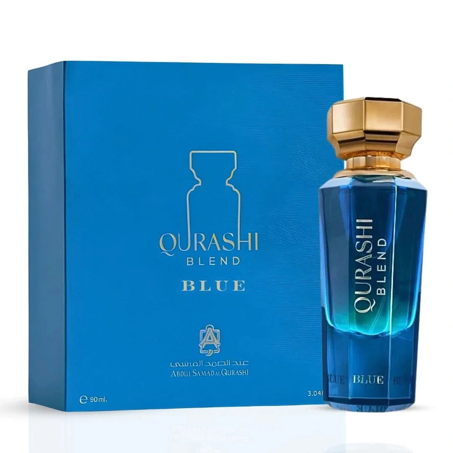 Al Qurashi Blend Blue Eau de Parfum Spray by ASQ, 90ml, featuring elegant perfume bottle with blue accents and luxurious packaging.