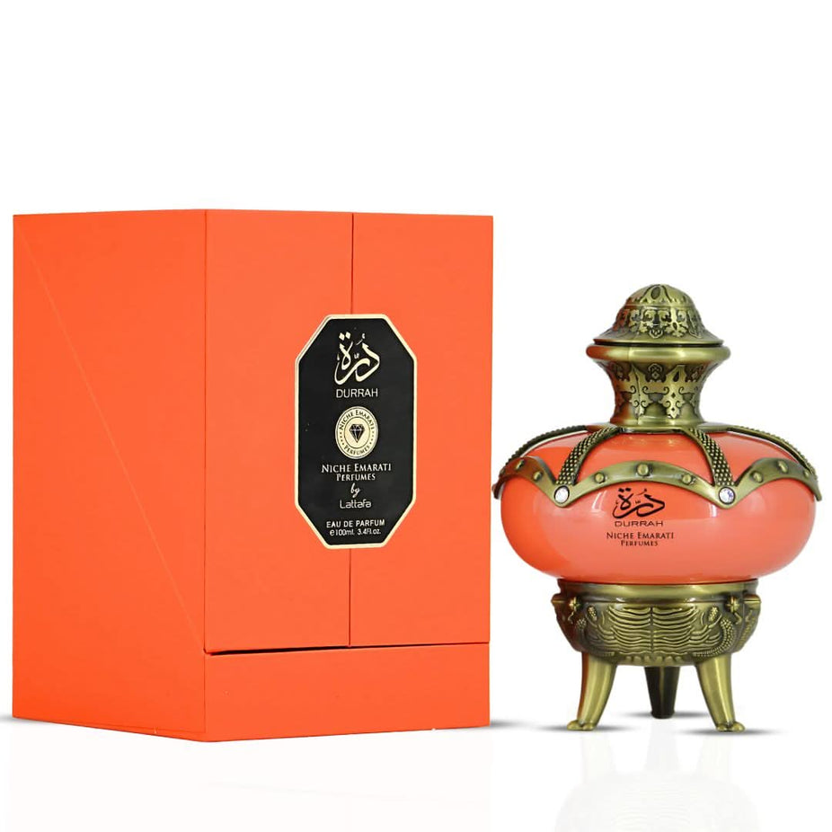 Lattafa Niche Emarati Durrah and Opulent Dubai Eau de Parfum Spray 100ml bundle with two elegant perfume bottles.