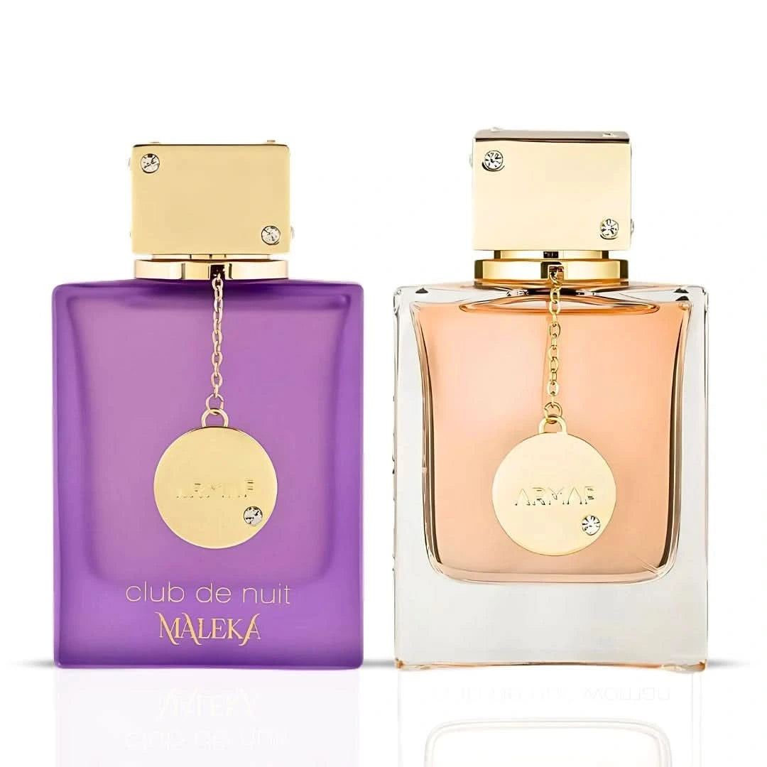 Armaf Club De Nuit Maleka and Women Eau de Parfum bundle with two 105ml spray bottles, featuring elegant perfume bottles.