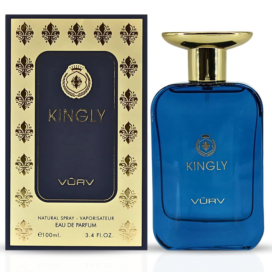 Vurv Kingly Eau de Parfum Spray for Men, 100ml, featuring the sleek perfume bottle with a modern design.