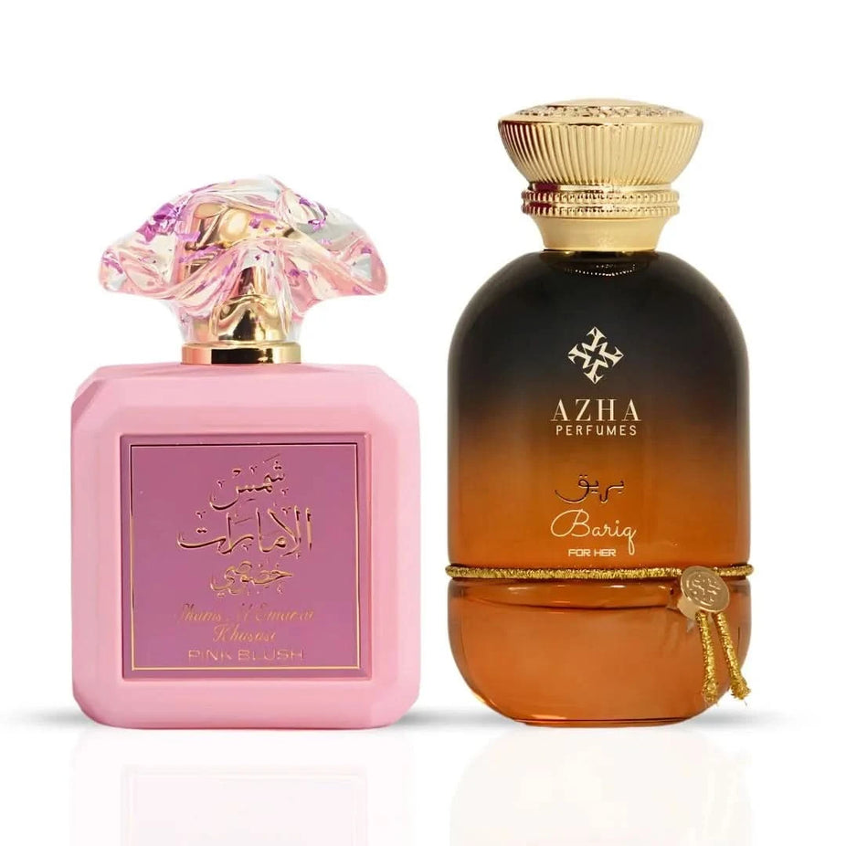 Pink Blush by Ard Al Zaafaran and Bariq by Azha perfume sprays, 100ml bundle, featuring elegant glass bottles and colorful fragrance caps.