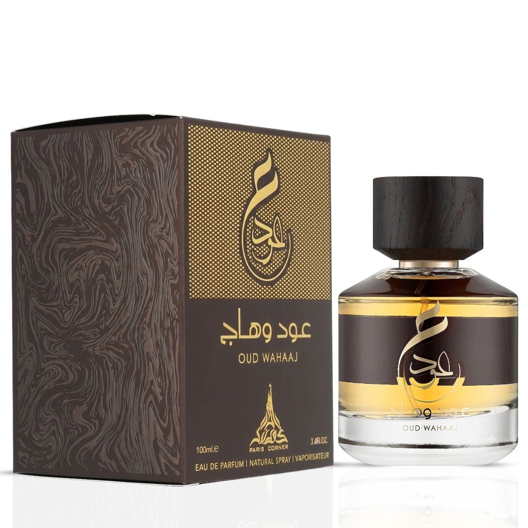 Paris Corner Oud Wahaaj Eau de Parfum spray 100ml bottle with elegant packaging and fragrance details visible.