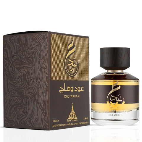 Paris Corner Oud Wahaaj Eau de Parfum spray 100ml bottle with elegant packaging and fragrance details visible.