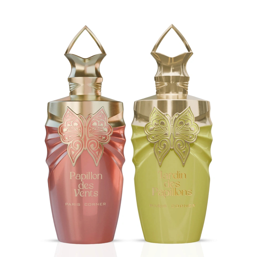 Bundle of Paris Corner Jardin des Papillons and Papillon des Vents Eau de Parfum sprays, 100ml bottles, with floral and butterfly-themed packaging.