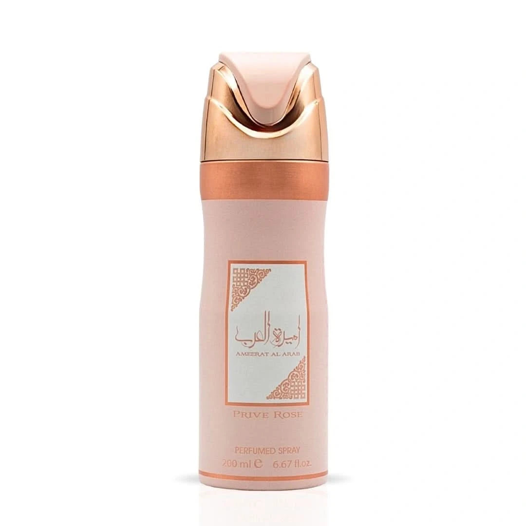 Lattafa Ameerat Al Arab Prive Rose deodorant spray 200ml bottle with pink and gold packaging.
