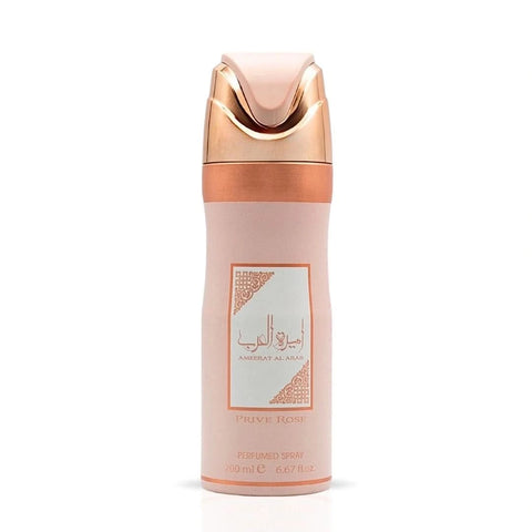 Lattafa Ameerat Al Arab Prive Rose deodorant spray 200ml bottle with pink and gold packaging.