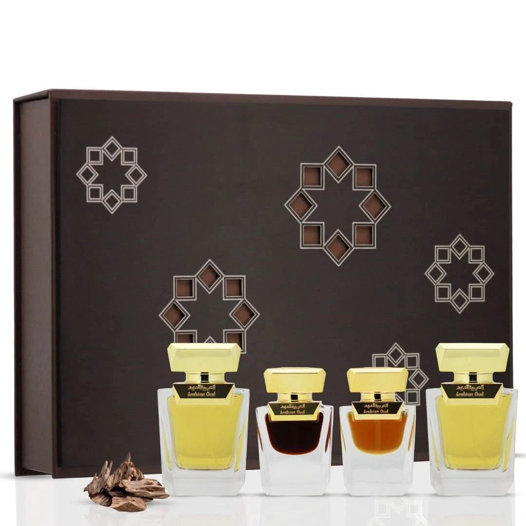 Arabian Oud Dokhon 5-piece gift set with elegant bottles and packaging, showcasing traditional fragrance collection.