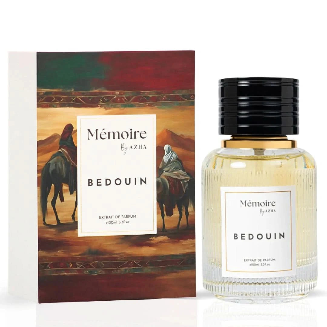 AZHA Bedouin Extrait de Parfum Spray 100ml, elegant bottle of Memoire Collection EDP with intricate design and luxurious fragrance.