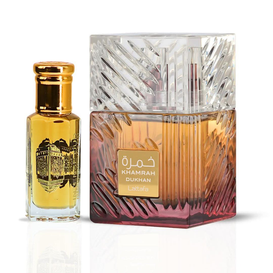 Lattafa Khamrah Dukhan Eau de Parfum spray and Red Tobaco perfume oil bundle, featuring 100ml perfume and 12ml oil bottles.