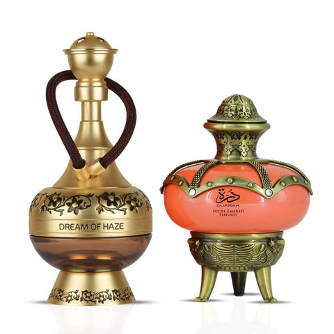 Lattafa Dream of Haze & Niche Emarati Durrah Eau de Parfum spray bundle, 100ml, featuring elegant perfume bottles.