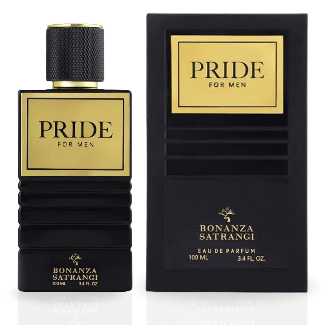 Bonanza Satrangi Pride For Men EDP spray 100ML, featuring a sleek bottle with a luxurious, musky, and refreshing fragrance.
